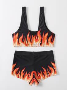SHEIN Swim Summer Beach Fire Print Bikini Set Tank Wireless Bra Top & Boxer Shorts 2 Pieces Bikini - Black - View 2