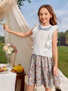 SHEIN Girls Floral Embroidered Ruffle Trim Top & Ditsy Floral Skirt - Multicolor - View 1