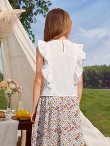 SHEIN Girls Floral Embroidered Ruffle Trim Top & Ditsy Floral Skirt - Multicolor - View 2