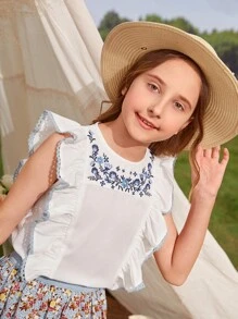 SHEIN Girls Floral Embroidered Ruffle Trim Top & Ditsy Floral Skirt - Multicolor - View 3
