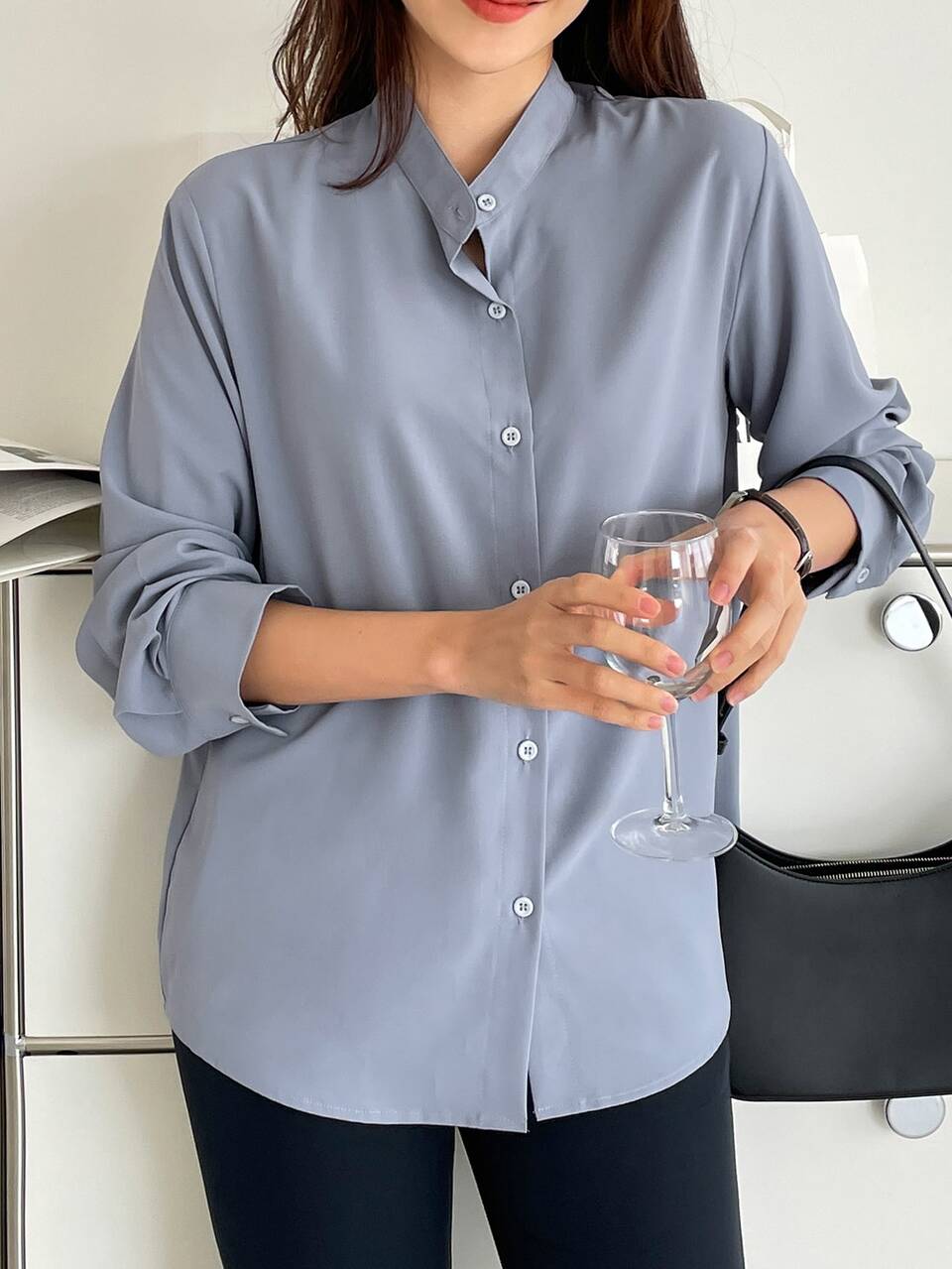 Solid Button Front Blouse,Fall Clothes Long Sleeve Top