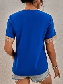 SHEIN LUNE Contrast Guipure Lace Blouse - Royal Blue - View 2