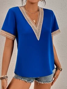 SHEIN LUNE Contrast Guipure Lace Blouse - Royal Blue - View 6