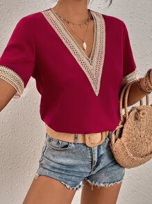 SHEIN LUNE Contrast Guipure Lace Blouse - Red - View 4