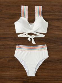 SHEIN Swim Chevron Pattern Bikini Set Cross Wrap Wireless Bra Top & High Waisted Bikini Bottom 2 Pieces Bikini Summer Beach - White - View 4