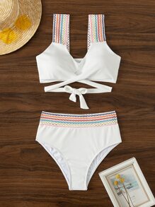 SHEIN Swim Chevron Pattern Bikini Set Cross Wrap Wireless Bra Top & High Waisted Bikini Bottom 2 Pieces Bikini Summer Beach - White - View 6
