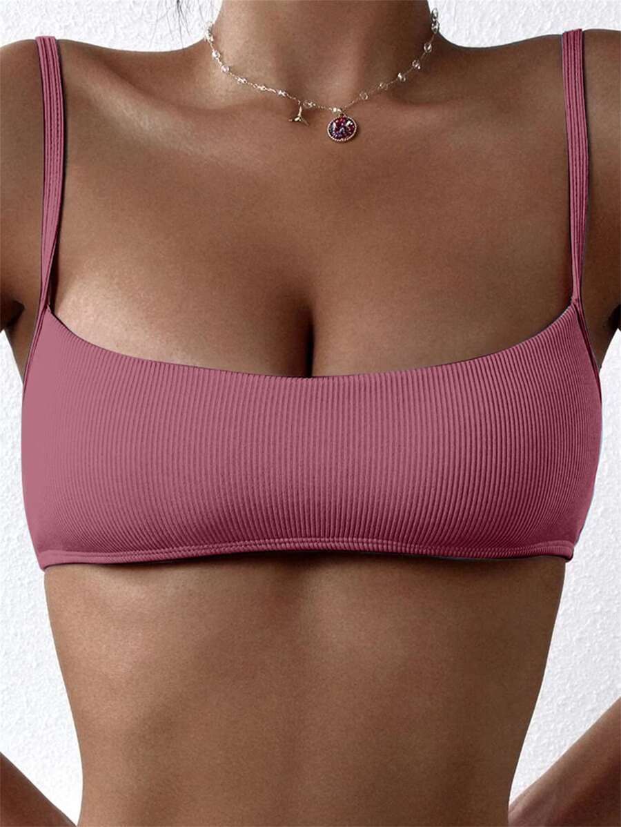 Ribbed Knit Bikini Top, For Summer Beach Vacation - Rusty Rose - View 1