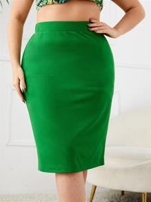 SHEIN Privé Plus High Waist Slit Back Skirt - Green - View 4