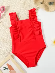 Bañadores de niñas pequeñas Volante Liso Dulce - Rojo - Ver 1