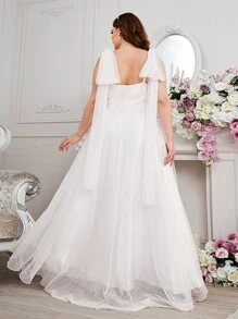 SHEIN Belle Plus Tie Shoulder Dobby Mesh Wedding Dress Without Veil - White - View 2