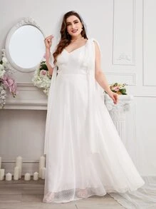 SHEIN Belle Plus Tie Shoulder Dobby Mesh Wedding Dress Without Veil - White - View 4