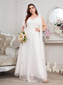 SHEIN Belle Plus Tie Shoulder Dobby Mesh Wedding Dress Without Veil - White - View 5