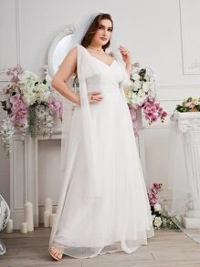 SHEIN Belle Plus Tie Shoulder Dobby Mesh Wedding Dress Without Veil - White - View 6