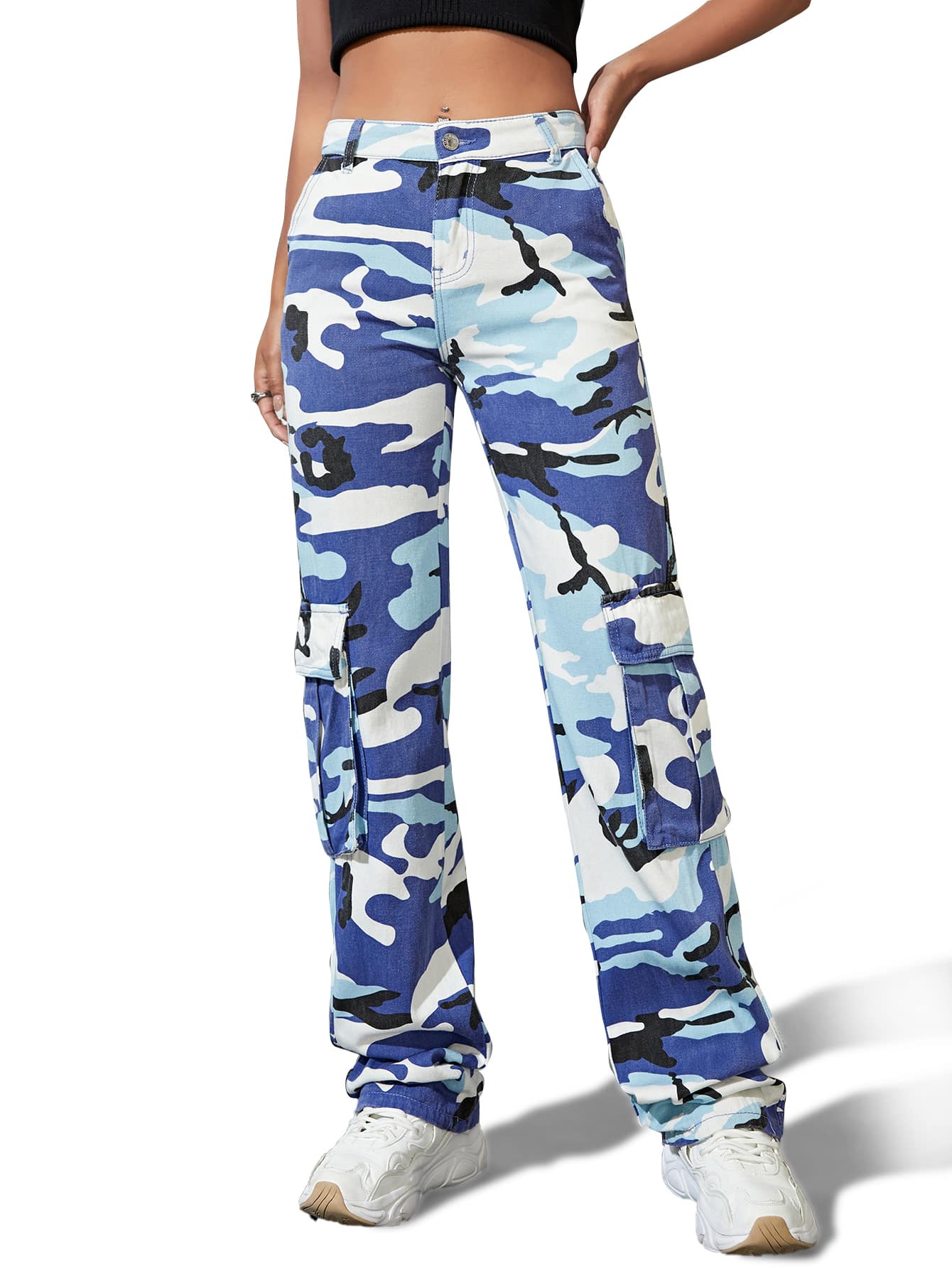 SHEIN Tall Camo Print Flap Pocket Side Cargo Jeans - Multicolor - View 1