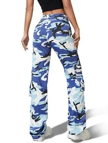 SHEIN Tall Camo Print Flap Pocket Side Cargo Jeans - Multicolor - View 2