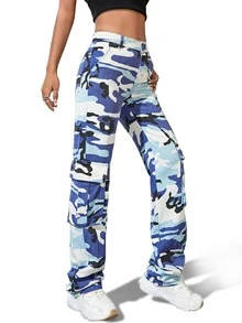 SHEIN Tall Camo Print Flap Pocket Side Cargo Jeans - Multicolor - View 4