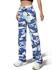 SHEIN Tall Camo Print Flap Pocket Side Cargo Jeans - Multicolor - View 3