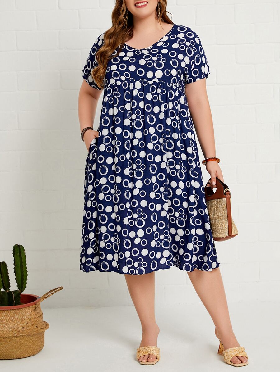 EMERY ROSE Đầm Plus Size Túi Chấm bi Tất cả trên in Boho - Xanh và trắng - Xem 1