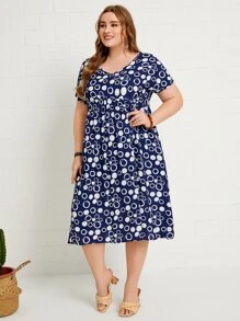 EMERY ROSE Đầm Plus Size Túi Chấm bi Tất cả trên in Boho - Xanh và trắng - Xem 2