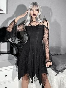 Váy lưới che phủ Gothic Cà vạt vai Tay áo kèn - màu đen - Xem 4