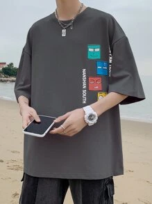 Men Drop Shoulder Cartoon & Slogan Pattern Tee - Dark Grey - View 3