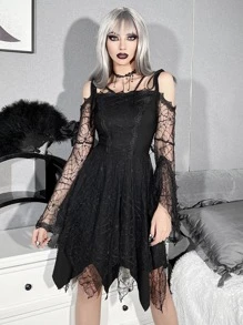 Váy lưới che phủ Gothic Cà vạt vai Tay áo kèn - màu đen - Xem 6