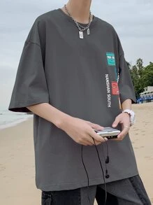 Men Drop Shoulder Cartoon & Slogan Pattern Tee - Dark Grey - View 4