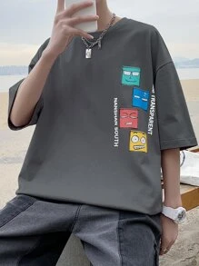 Men Drop Shoulder Cartoon & Slogan Pattern Tee - Dark Grey - View 6