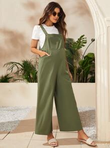 SHEIN Maternity Slant Pockets Pinafore Jumpsuit Without Tee - Army Green - View 3