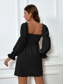 Chiquease 收褶袖方領上身抽褶洋裝 - 黑色 - 查看 2