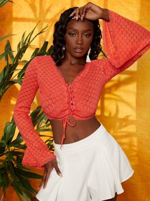 SHEIN 荷葉袖前繫帶短款蕾絲襯衫 - 珊瑚橙 - 查看 1