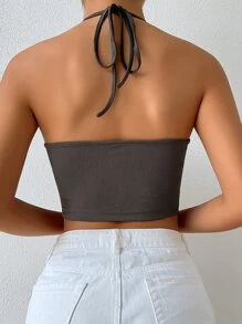 Chiquease Drawstring Knot Front Rib-knit Crop Halter Top - Dark Grey - View 2