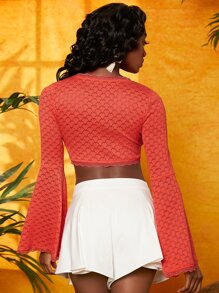 SHEIN 荷葉袖前繫帶短款蕾絲襯衫 - 珊瑚橙 - 查看 2