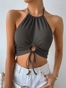 Chiquease Drawstring Knot Front Rib-knit Crop Halter Top - Dark Grey - View 3