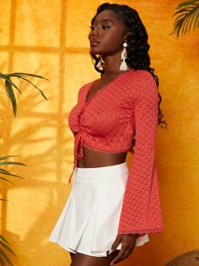 SHEIN 荷葉袖前繫帶短款蕾絲襯衫 - 珊瑚橙 - 查看 3