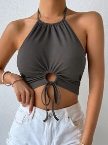 Chiquease Drawstring Knot Front Rib-knit Crop Halter Top - Dark Grey - View 4