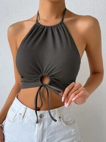 Chiquease Drawstring Knot Front Rib-knit Crop Halter Top - Dark Grey - View 5