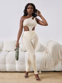 Slaydiva Cut Out One Shoulder Button Detail Unitard Jumpsuit - Beige - View 1