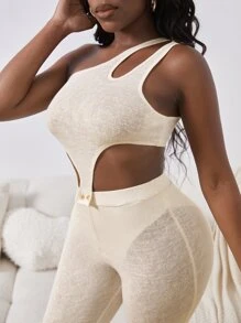 Slaydiva Cut Out One Shoulder Button Detail Unitard Jumpsuit - Beige - View 3