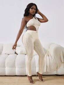 Slaydiva Cut Out One Shoulder Button Detail Unitard Jumpsuit - Beige - View 4