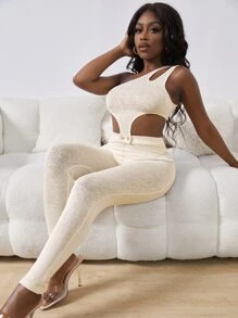 Slaydiva Cut Out One Shoulder Button Detail Unitard Jumpsuit - Beige - View 5