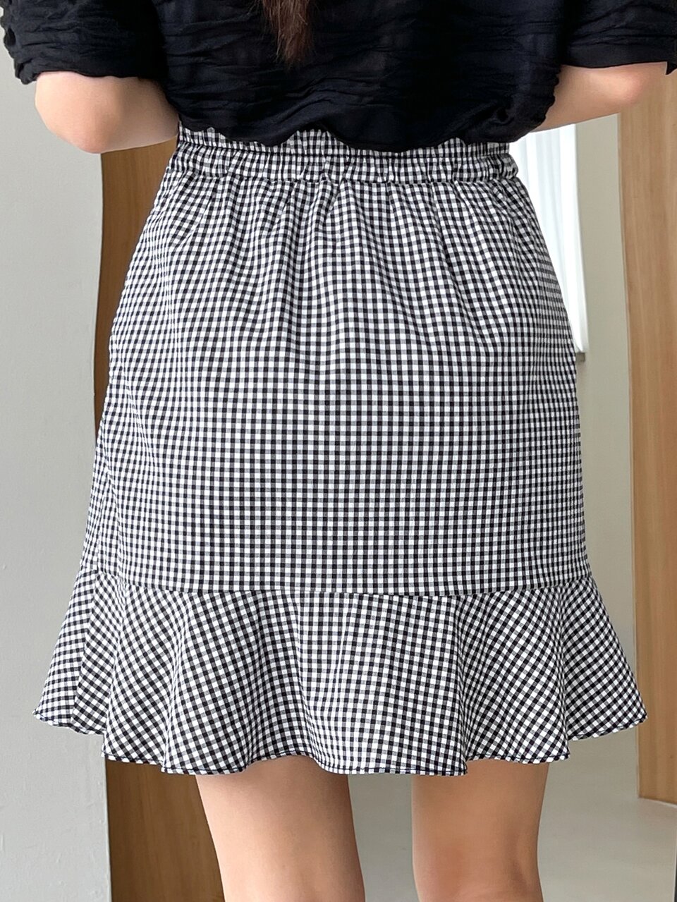Gingham Ruffle Hem High Waist Skirt