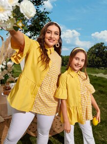 Mulvari Plus 1 PC Colourblock Gingham Flounce Sleeve Ruffle Hem Shirt - Yellow - View 3