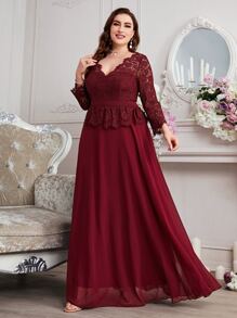 SHEIN Belle Burgundy Red Plus Contrast Eyelash Lace Ruffle Trim Chiffon Formal Bridesmaid Dress - Burgundy - View 1