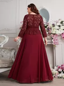 SHEIN Belle Burgundy Red Plus Contrast Eyelash Lace Ruffle Trim Chiffon Formal Bridesmaid Dress - Burgundy - View 2