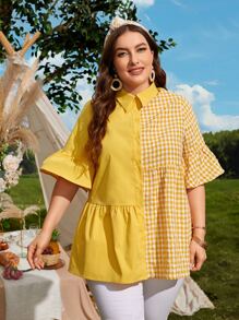 Mulvari Plus 1 PC Colourblock Gingham Flounce Sleeve Ruffle Hem Shirt - Yellow - View 2