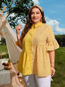 Mulvari Plus 1 PC Colourblock Gingham Flounce Sleeve Ruffle Hem Shirt - Yellow - View 6