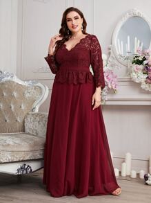 SHEIN Belle Burgundy Red Plus Contrast Eyelash Lace Ruffle Trim Chiffon Formal Bridesmaid Dress - Burgundy - View 5