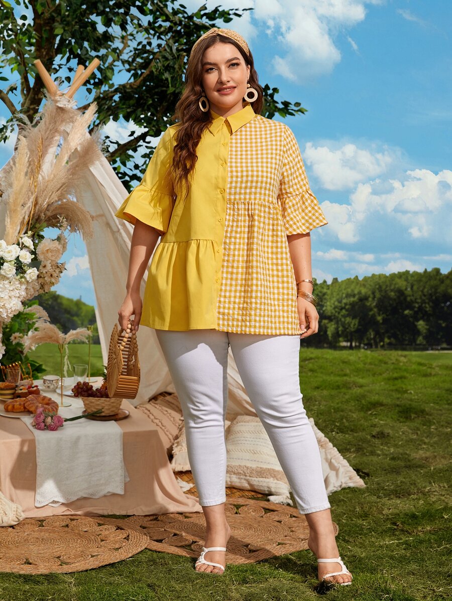 Mulvari Plus 1 PC Colourblock Gingham Flounce Sleeve Ruffle Hem Shirt - Yellow - View 1