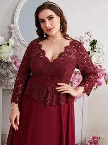 SHEIN Belle Burgundy Red Plus Contrast Eyelash Lace Ruffle Trim Chiffon Formal Bridesmaid Dress - Burgundy - View 6